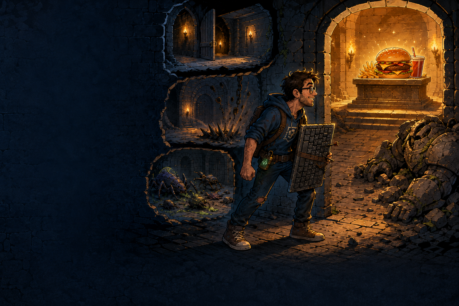A cartoon software developer explores a dungeon, passing traps and defeated monsters on the way to a glowing hamburger meal in the treasure chamber.